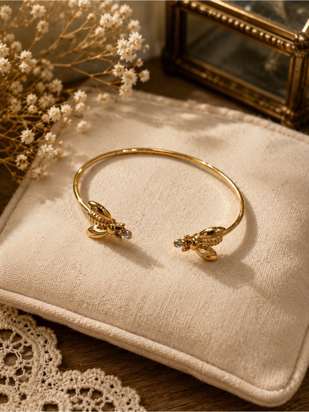 Gold Tone Bee-Detail Open Cuff Bracelet - Elegant Women's Jewelry